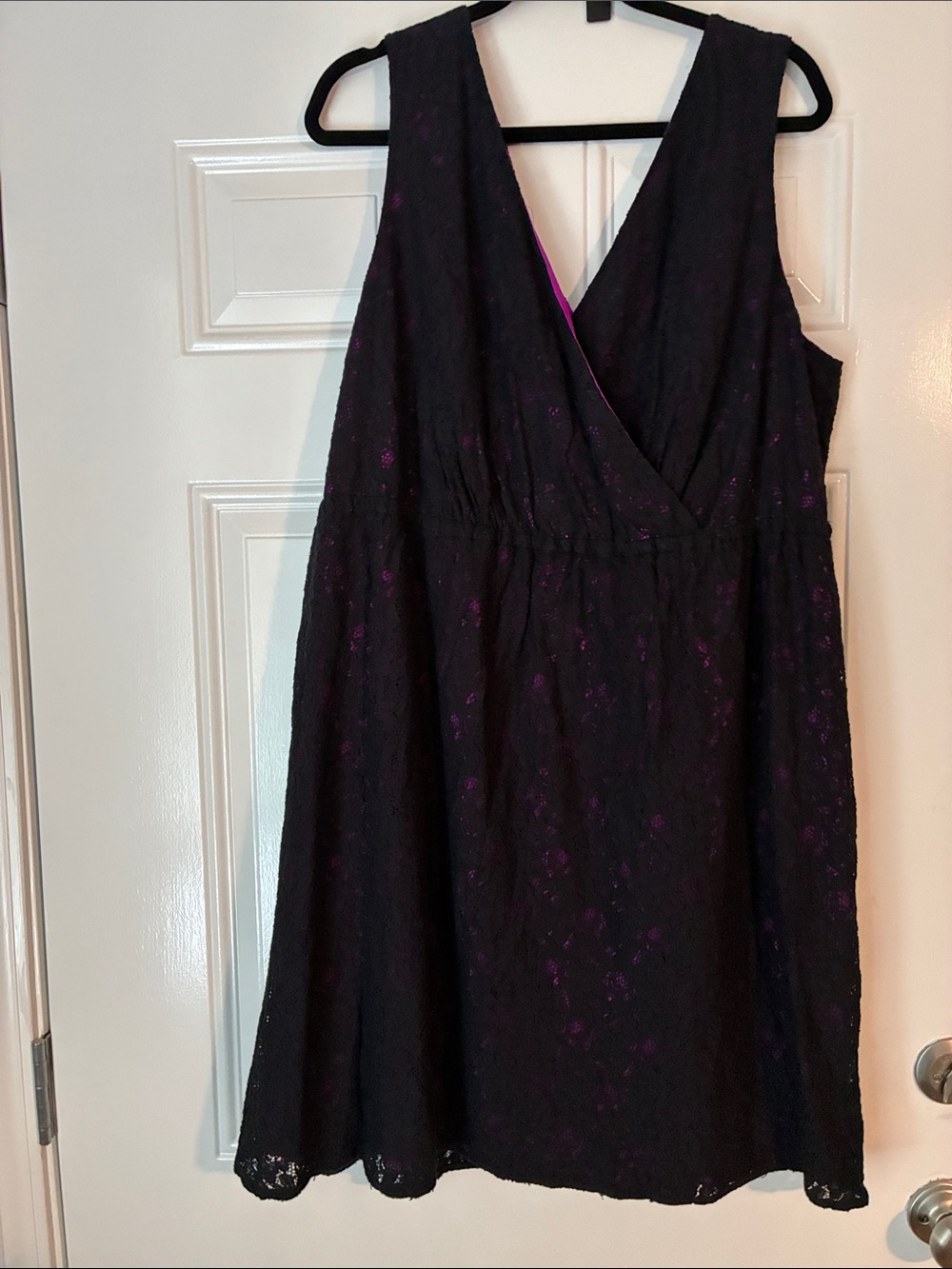 Sleeveless Black Lace Midi Dress with Purple Underlay